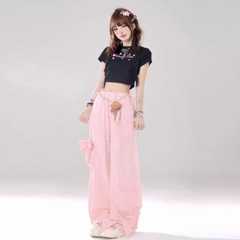 Summer Sweet Girl Pink Bow Wide-leg Pants