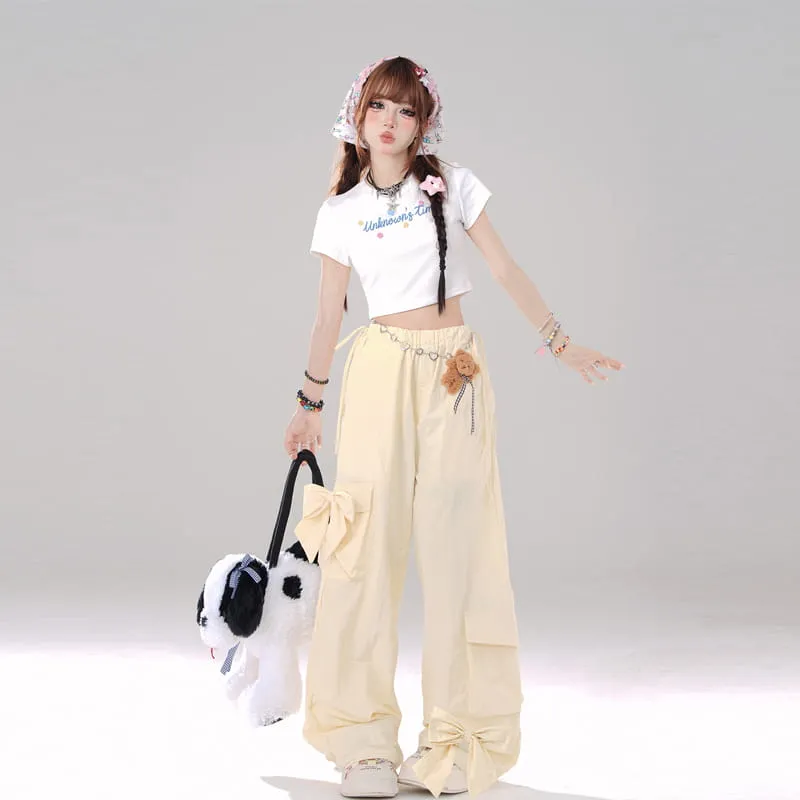 Summer Sweet Girl Pink Bow Wide-leg Pants