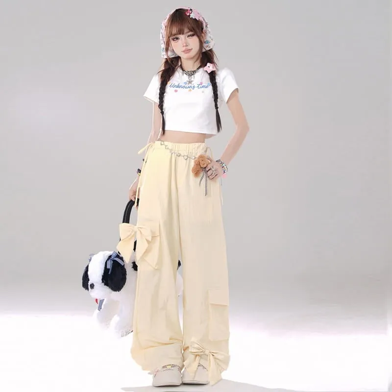 Summer Sweet Girl Pink Bow Wide-leg Pants