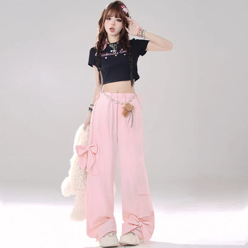 Summer Sweet Girl Pink Bow Wide-leg Pants