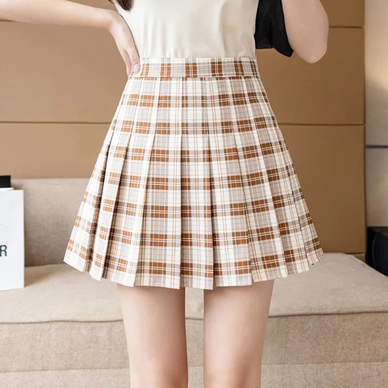 Summer Women Plaid Print Skirt Casual High Waist Student Pleated Skirts