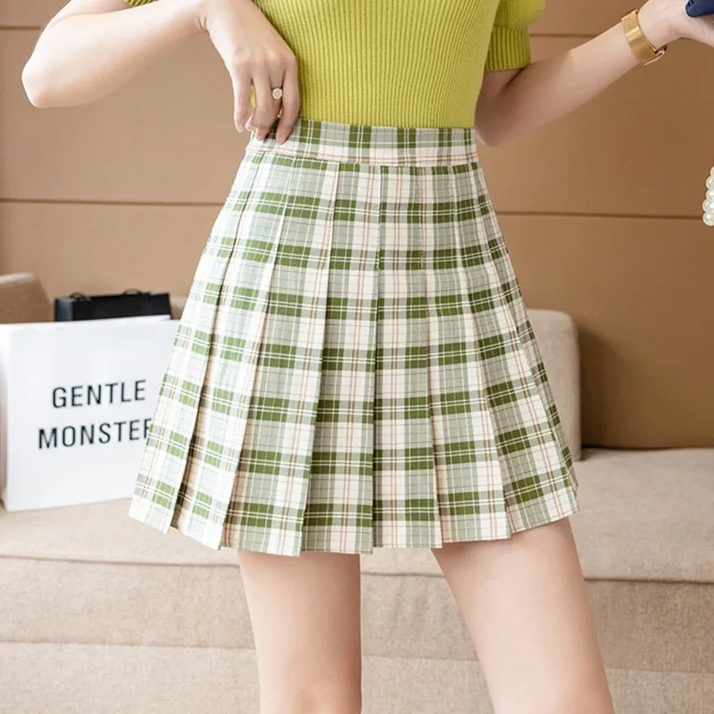 Summer Women Plaid Print Skirt Casual High Waist Student Pleated Skirts