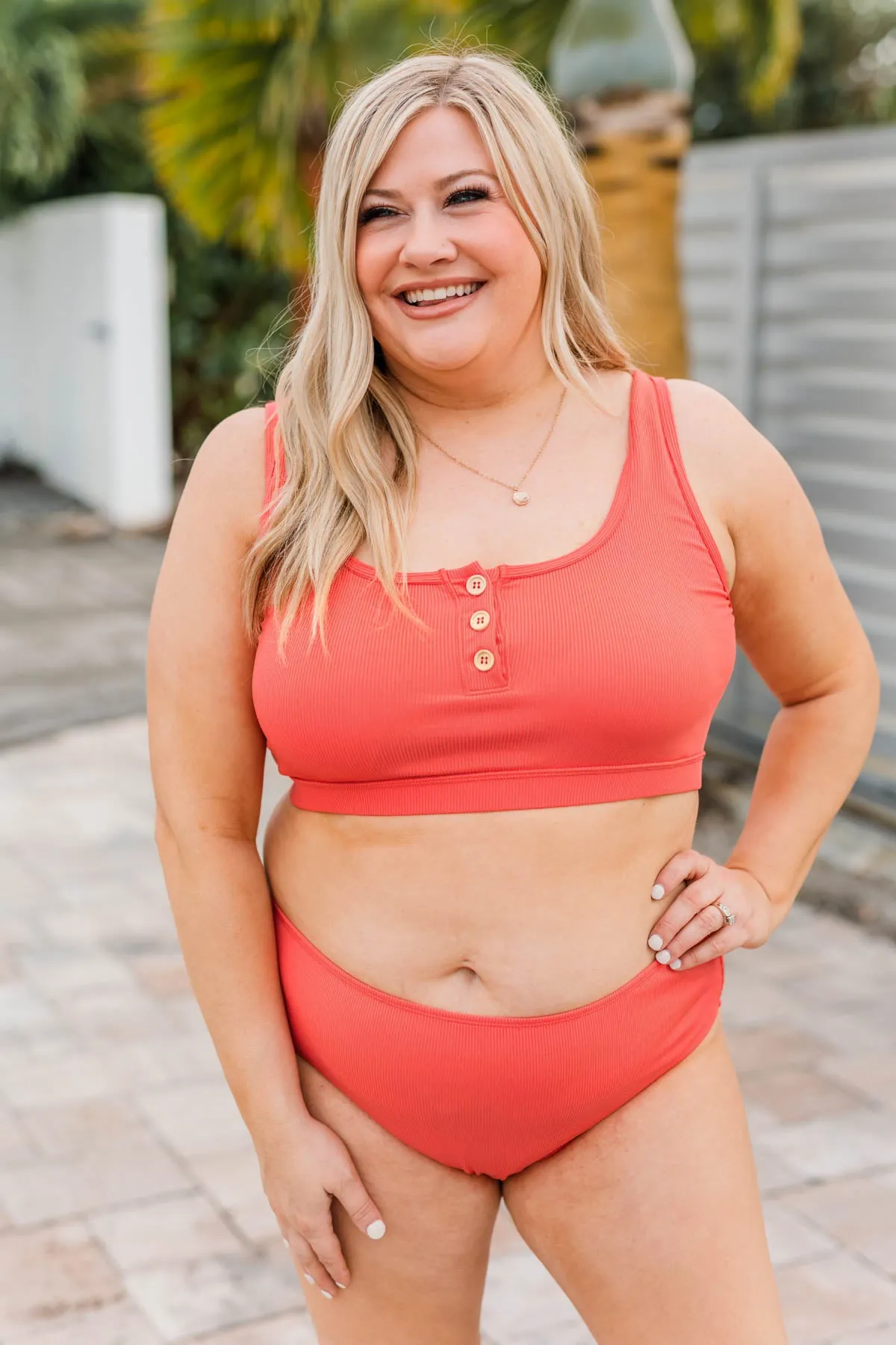 Summertime Shine Ribbed Knit Swim Top- Tomato