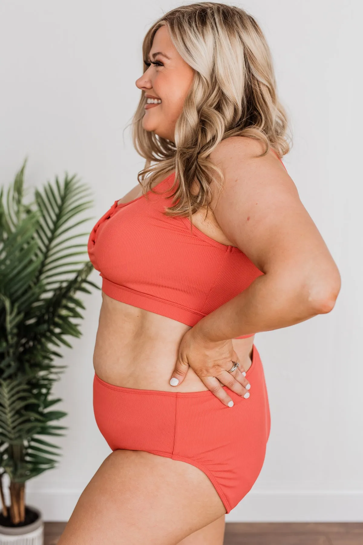 Summertime Shine Ribbed Knit Swim Top- Tomato