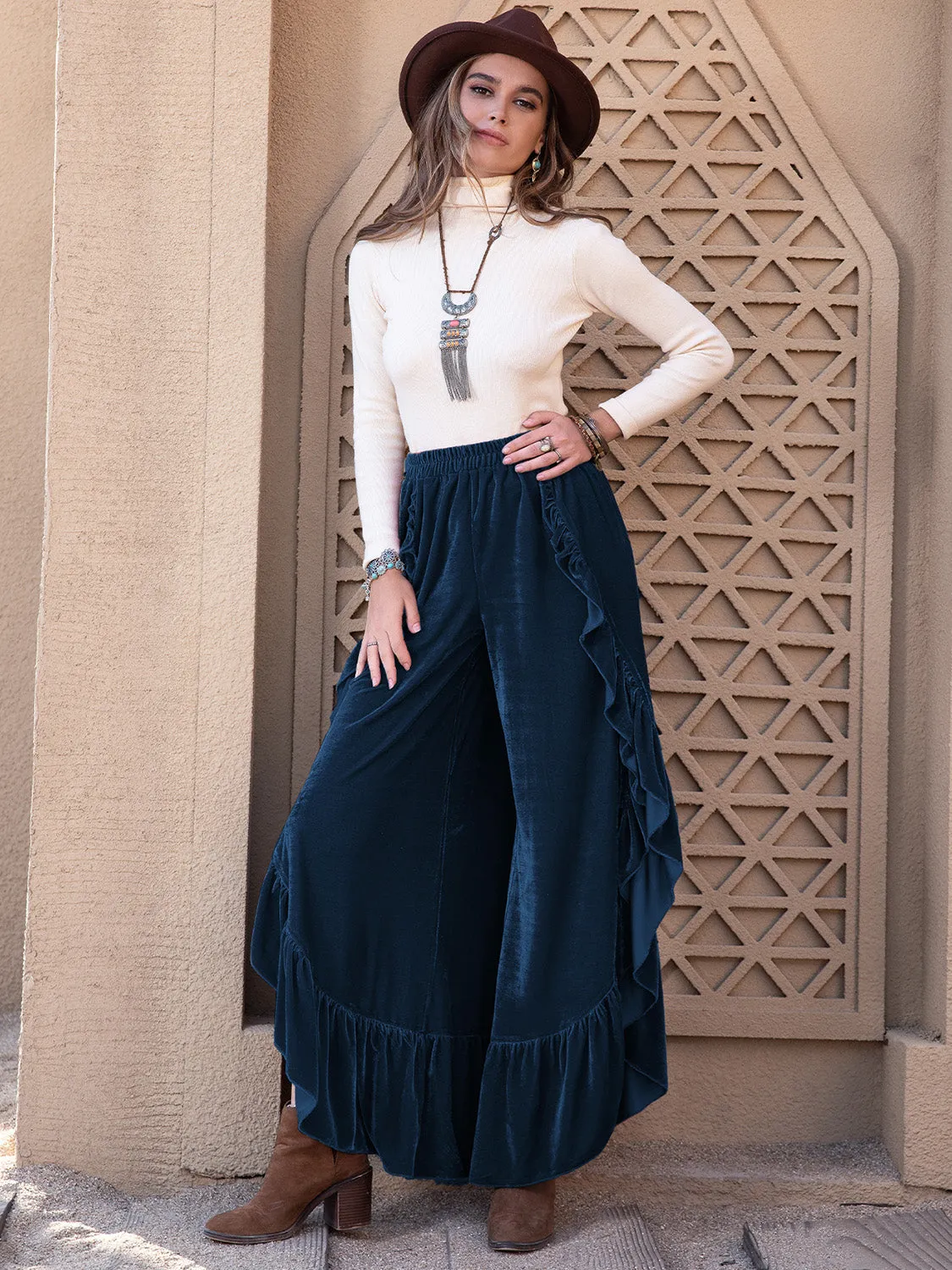 Sway & Slay Pants – Slit Ruffled Wide Leg Trousers