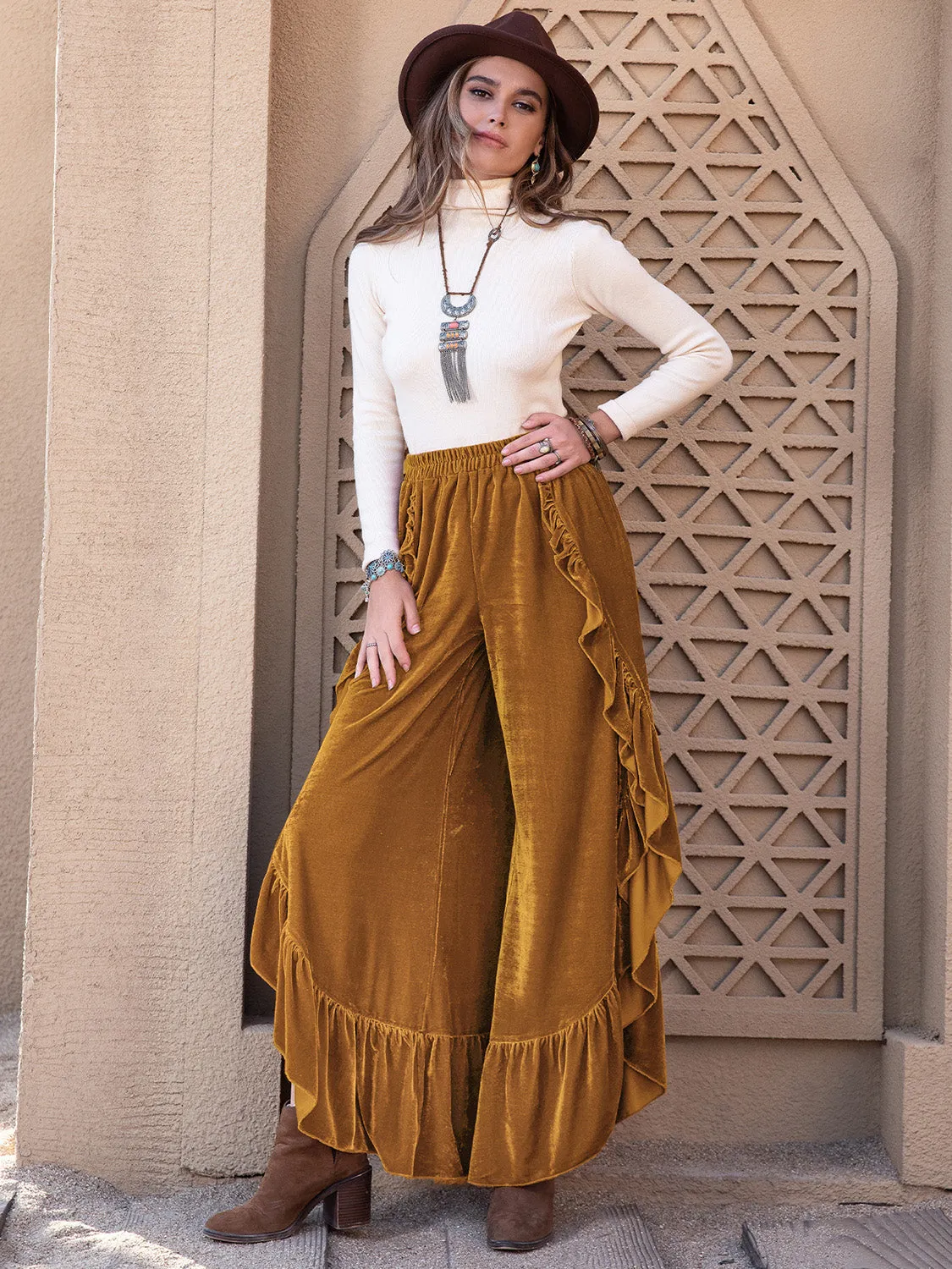 Sway & Slay Pants – Slit Ruffled Wide Leg Trousers