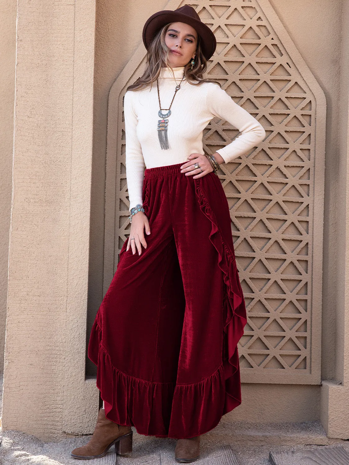 Sway & Slay Pants – Slit Ruffled Wide Leg Trousers