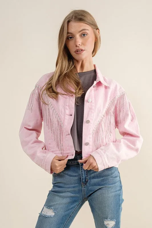 Sweet Generis CROP DENIM JACKET WITH RHINESTONE FRINGE