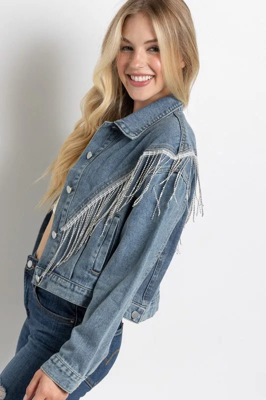 Sweet Generis CROP DENIM JACKET WITH RHINESTONE FRINGE