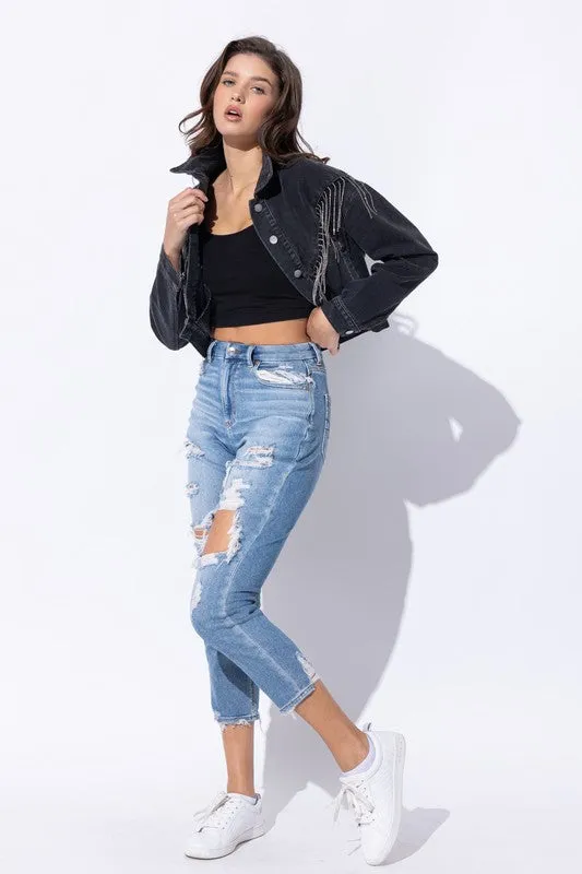 Sweet Generis CROP DENIM JACKET WITH RHINESTONE FRINGE