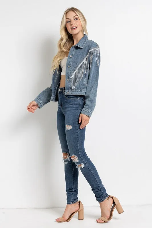 Sweet Generis CROP DENIM JACKET WITH RHINESTONE FRINGE