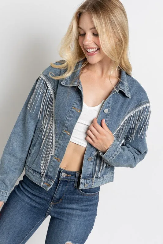 Sweet Generis CROP DENIM JACKET WITH RHINESTONE FRINGE