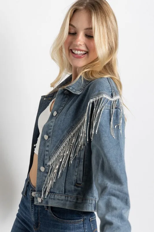 Sweet Generis CROP DENIM JACKET WITH RHINESTONE FRINGE