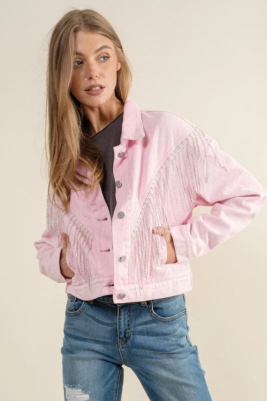 Sweet Generis CROP DENIM JACKET WITH RHINESTONE FRINGE