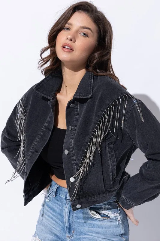 Sweet Generis CROP DENIM JACKET WITH RHINESTONE FRINGE