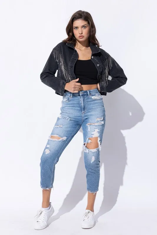 Sweet Generis CROP DENIM JACKET WITH RHINESTONE FRINGE