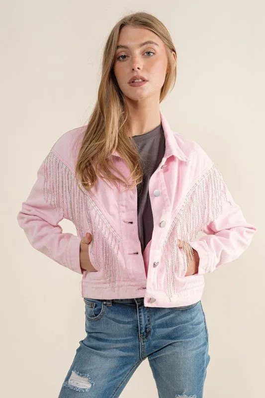 Sweet Generis CROP DENIM JACKET WITH RHINESTONE FRINGE