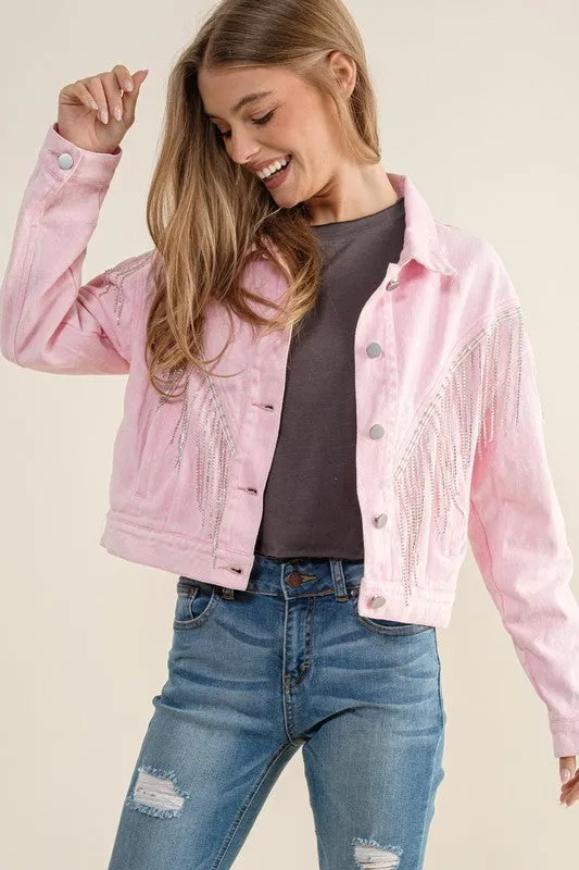 Sweet Generis CROP DENIM JACKET WITH RHINESTONE FRINGE