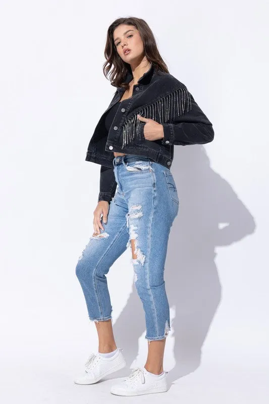 Sweet Generis CROP DENIM JACKET WITH RHINESTONE FRINGE