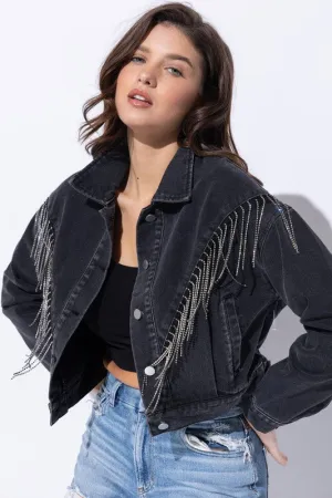 Sweet Generis CROP DENIM JACKET WITH RHINESTONE FRINGE