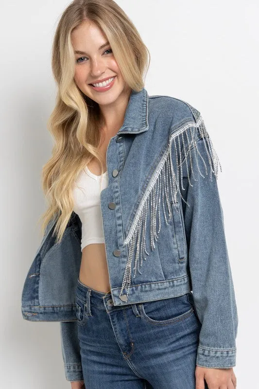 Sweet Generis CROP DENIM JACKET WITH RHINESTONE FRINGE