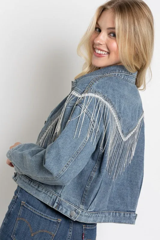 Sweet Generis CROP DENIM JACKET WITH RHINESTONE FRINGE