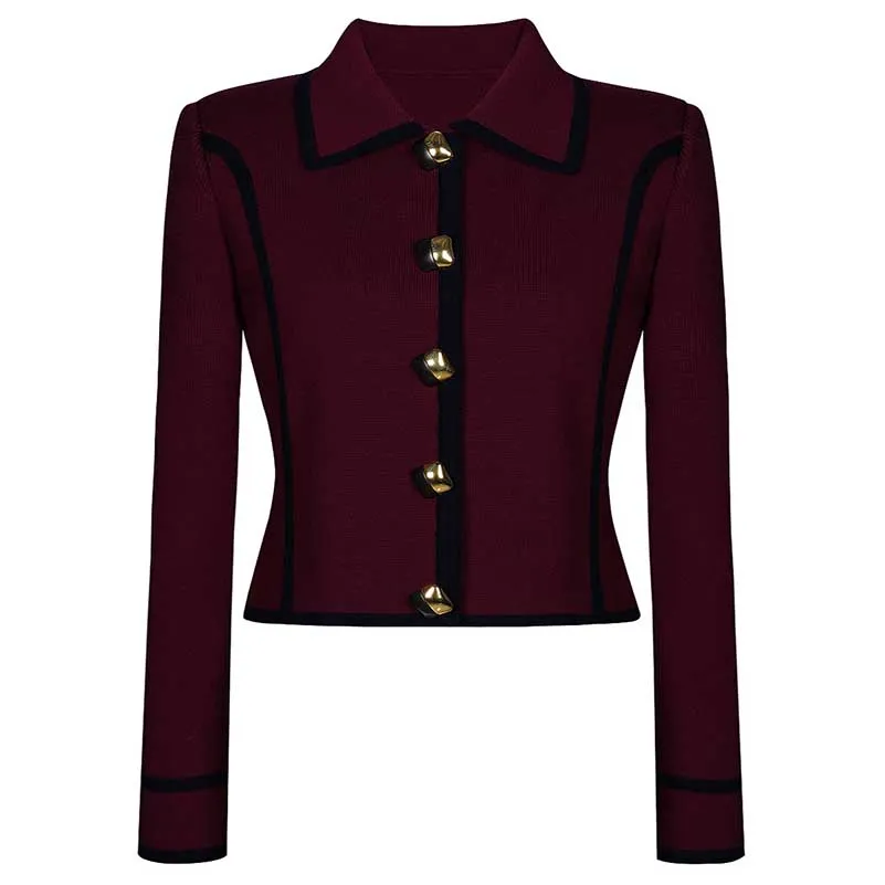 Tailored Button-Up Contrast-trim Cardigan Pants Suit With Collar