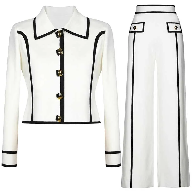 Tailored Button-Up Contrast-trim Cardigan Pants Suit With Collar