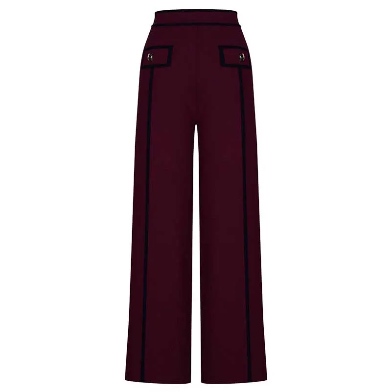 Tailored Button-Up Contrast-trim Cardigan Pants Suit With Collar