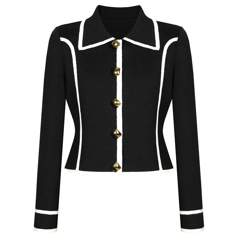 Tailored Button-Up Contrast-trim Cardigan Pants Suit With Collar