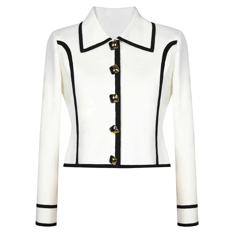 Tailored Button-Up Contrast-trim Cardigan Pants Suit With Collar