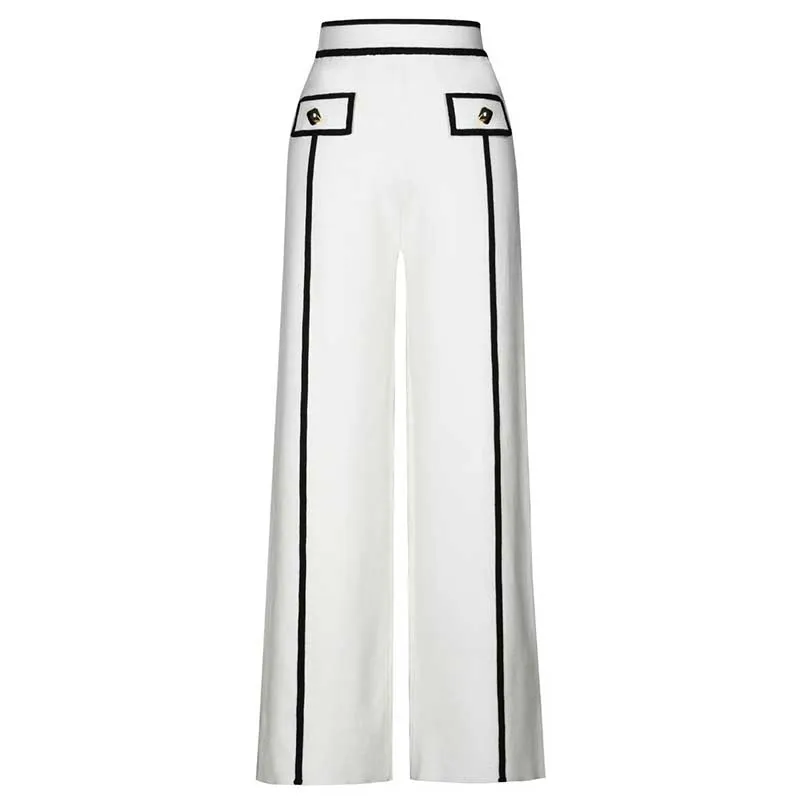 Tailored Button-Up Contrast-trim Cardigan Pants Suit With Collar