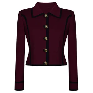 Tailored Button-Up Contrast-trim Cardigan Pants Suit With Collar