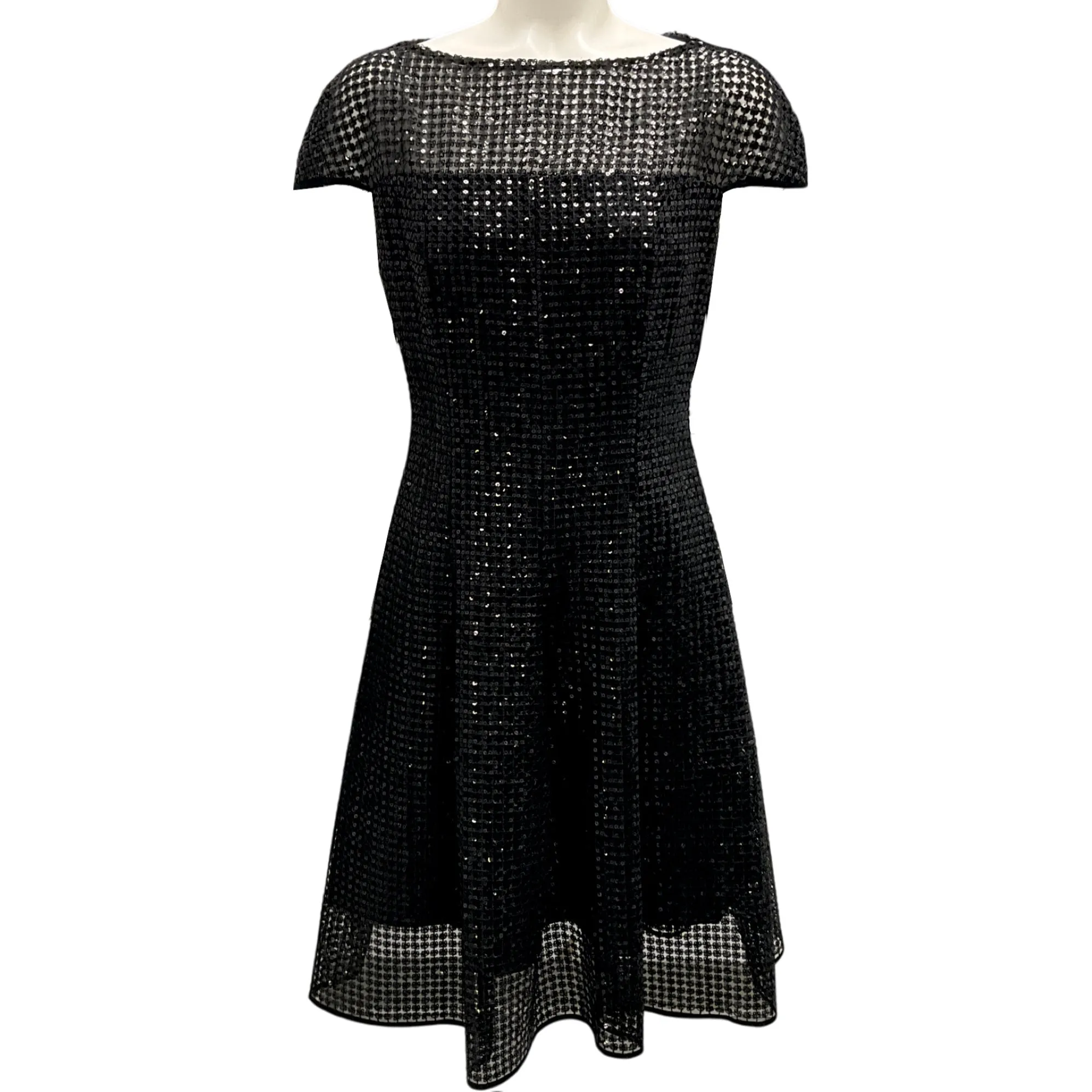Talbot Runhof Black Sequined Short Sleeved A-Line Cocktail Dress