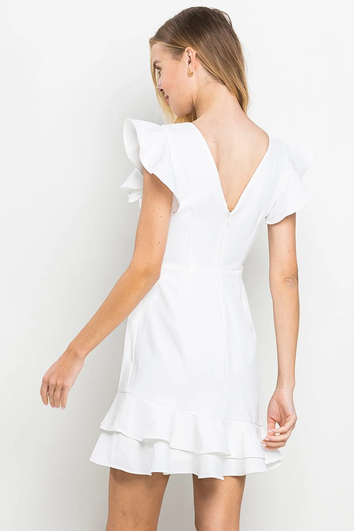 TCEC White V-Back Ruffled Dress
