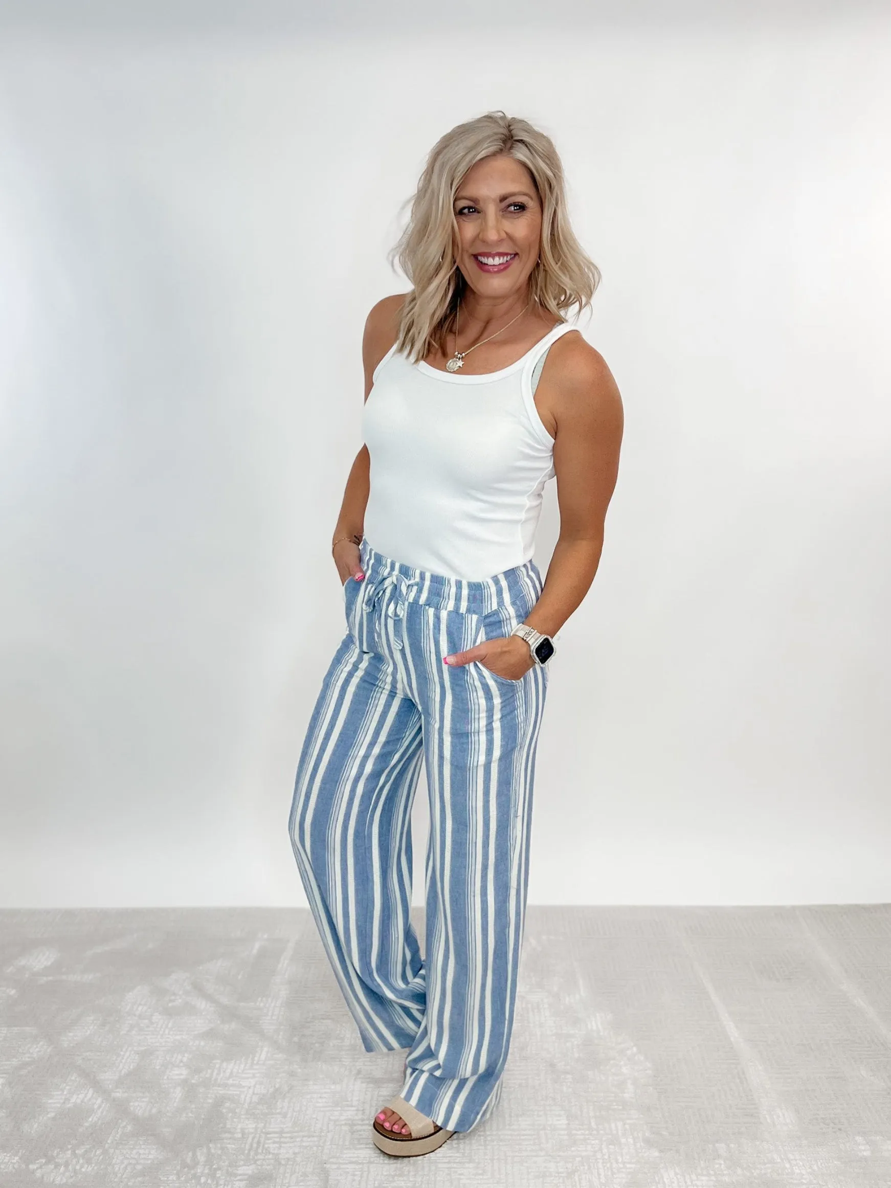 The Easy Tide Linen Pants, Ivory/Blue