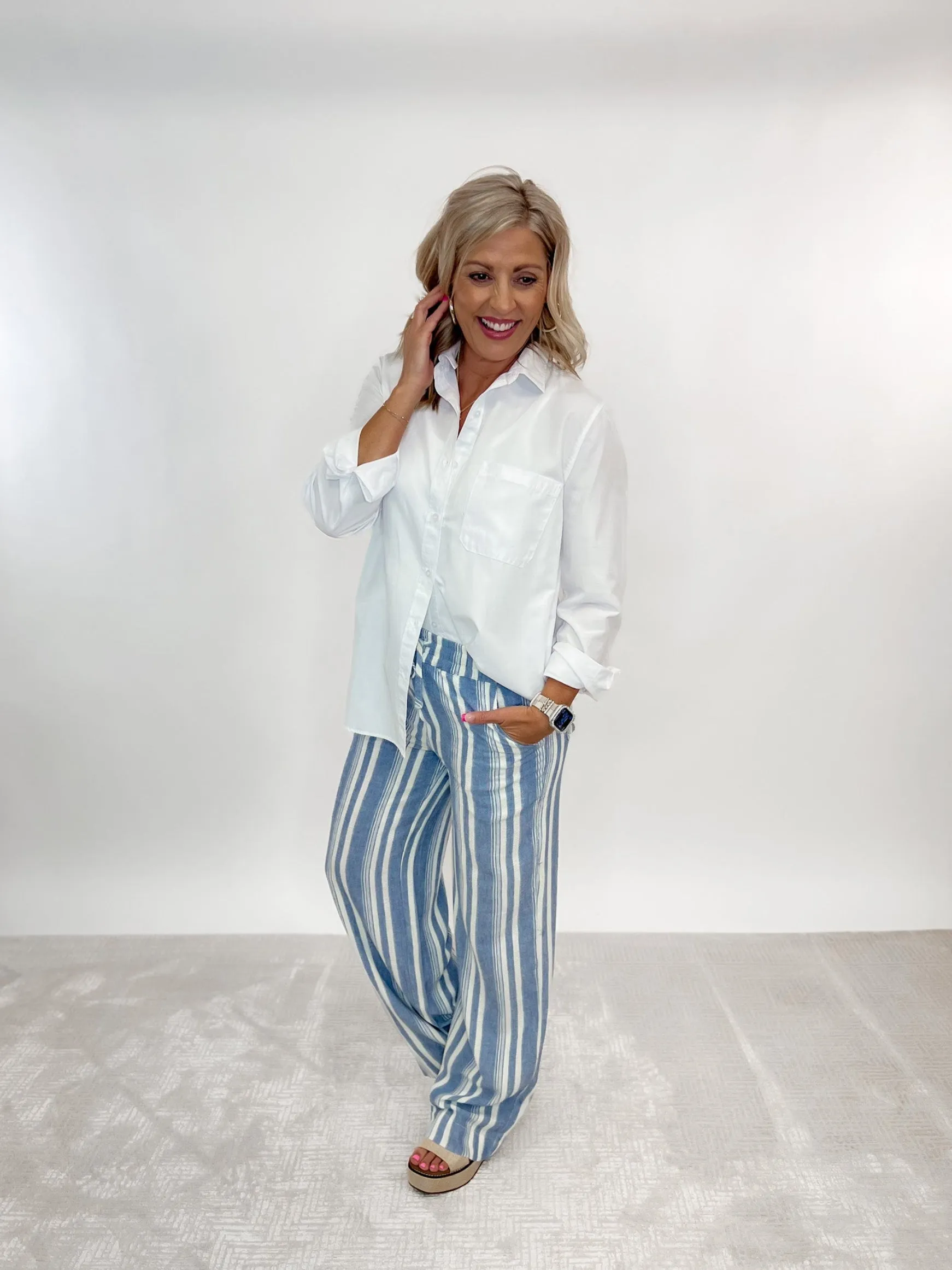 The Easy Tide Linen Pants, Ivory/Blue
