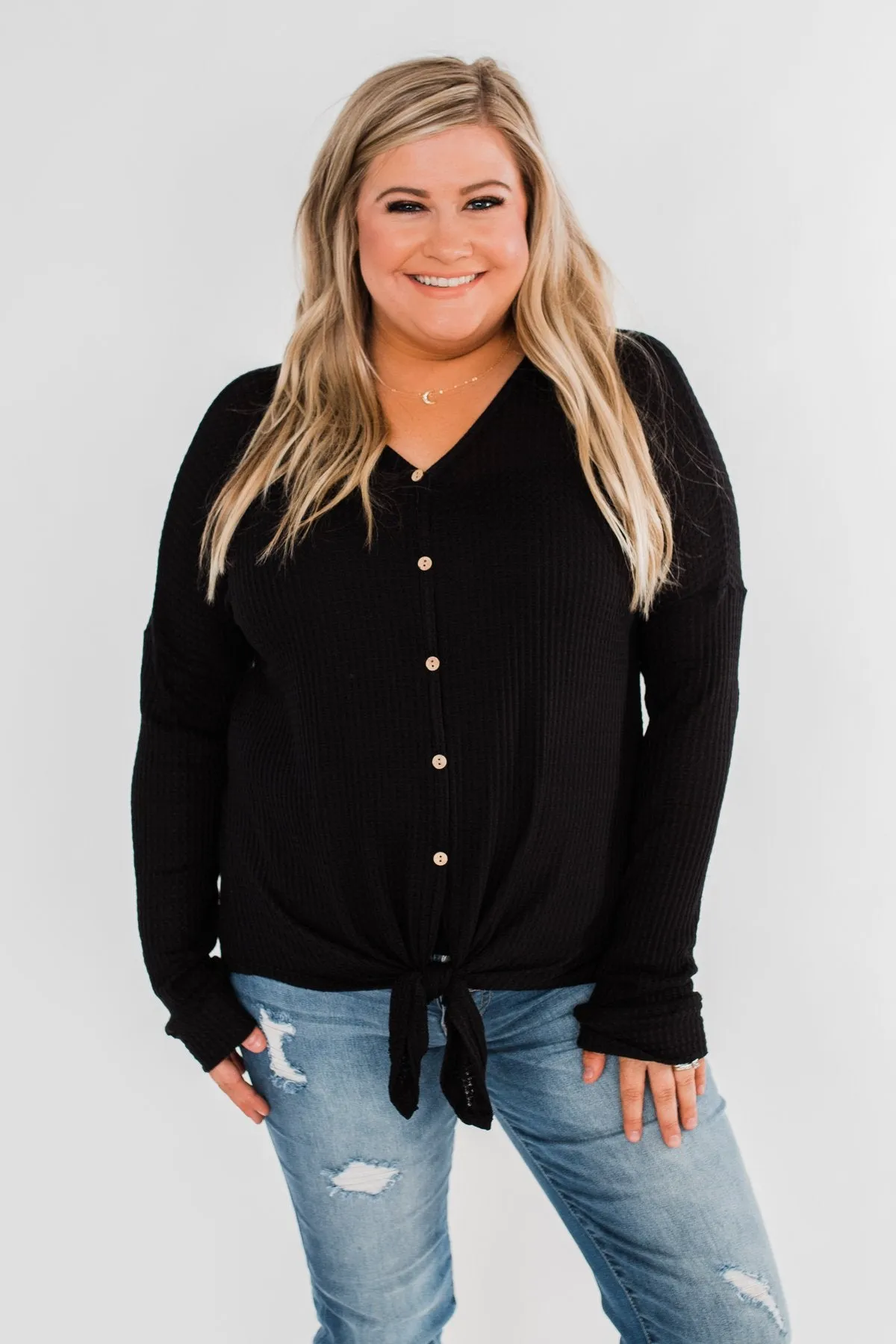Thermal Button Knot Top- Black