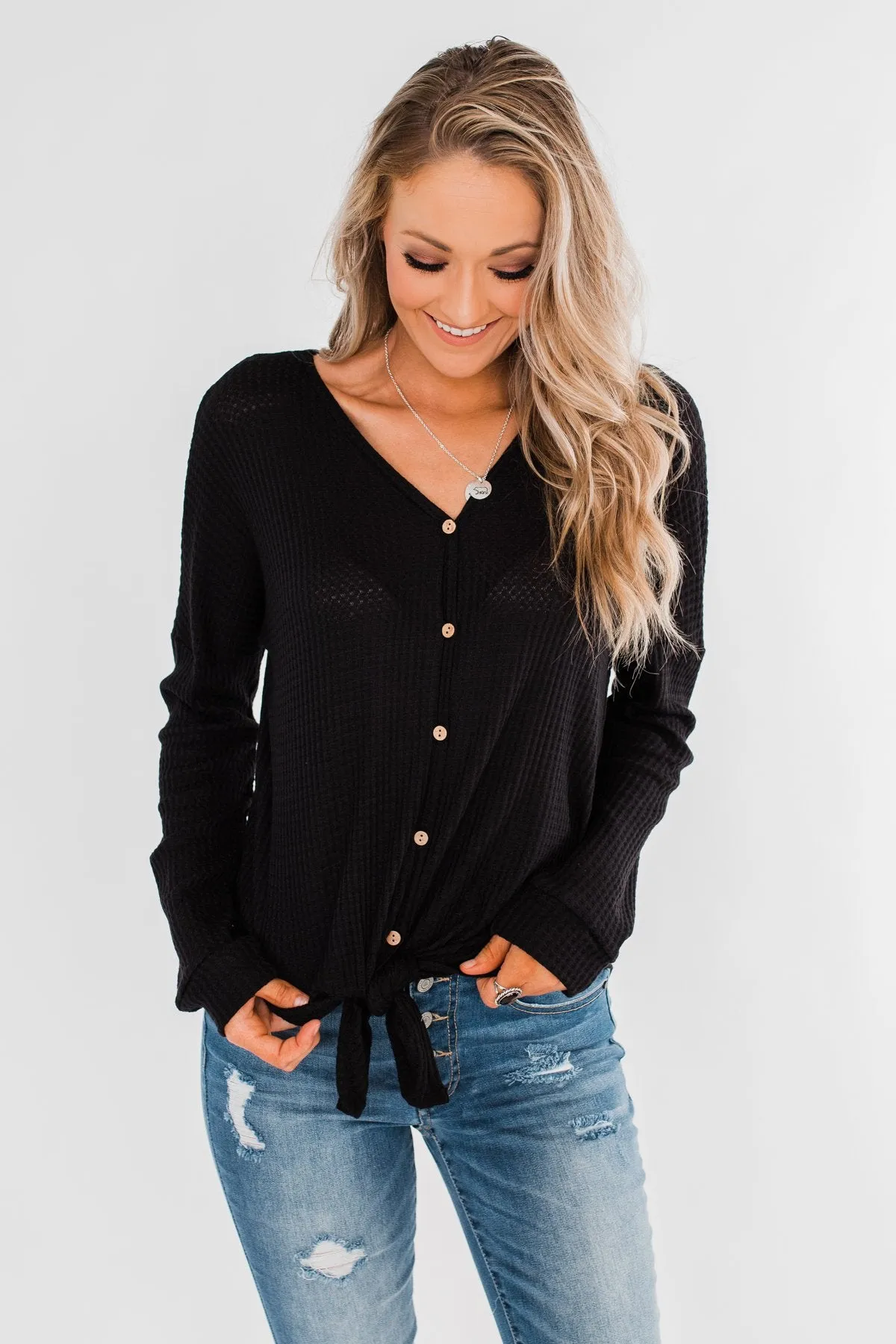 Thermal Button Knot Top- Black