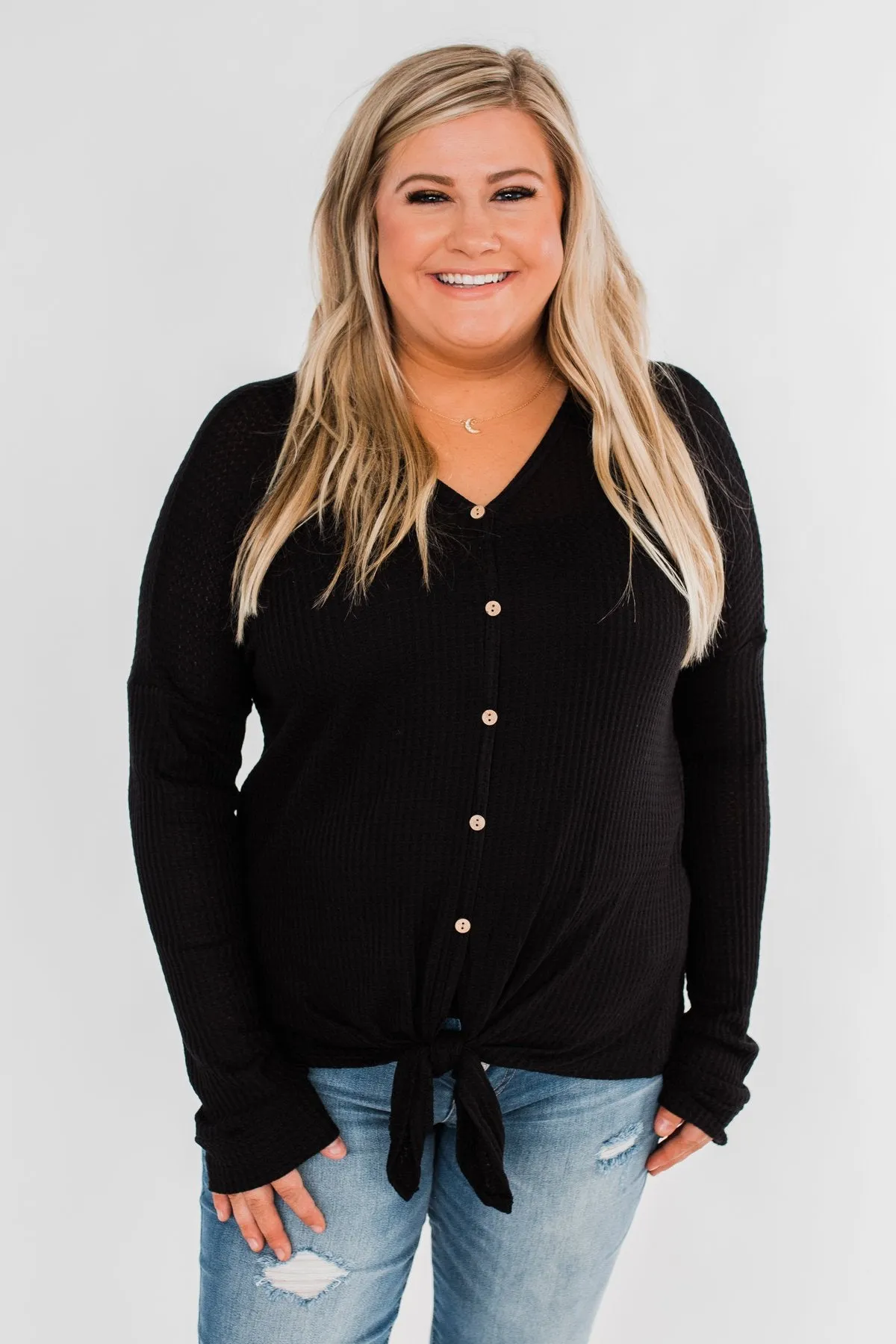 Thermal Button Knot Top- Black