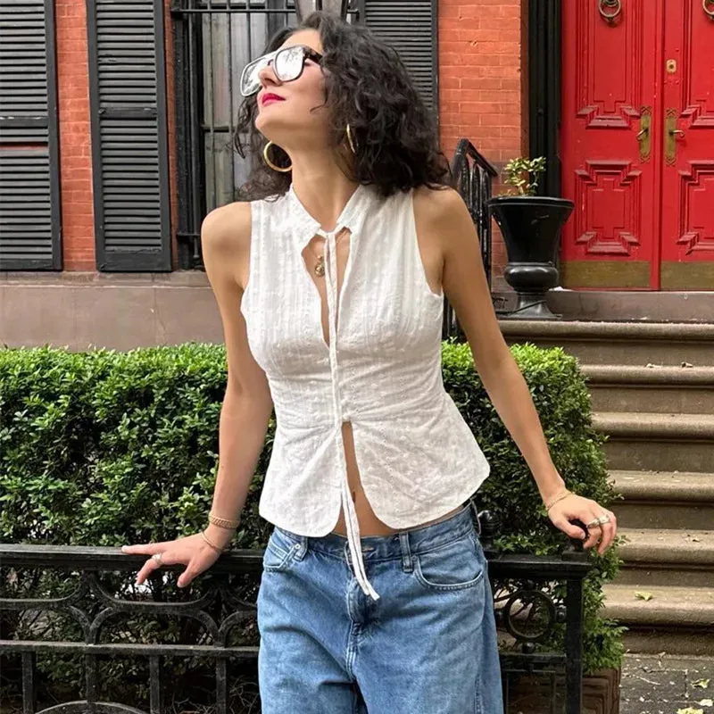 Tie Front Button White Cut Out Sleeveless Top