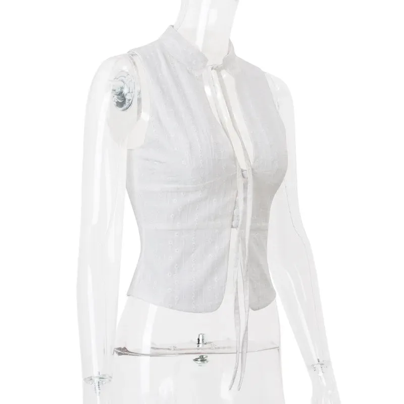Tie Front Button White Cut Out Sleeveless Top