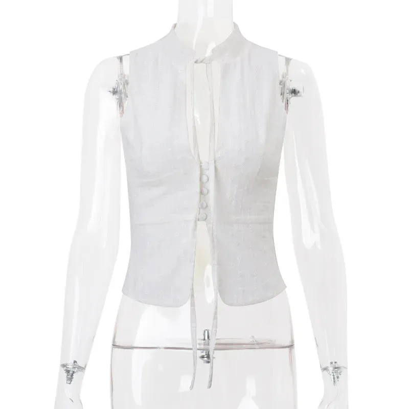 Tie Front Button White Cut Out Sleeveless Top