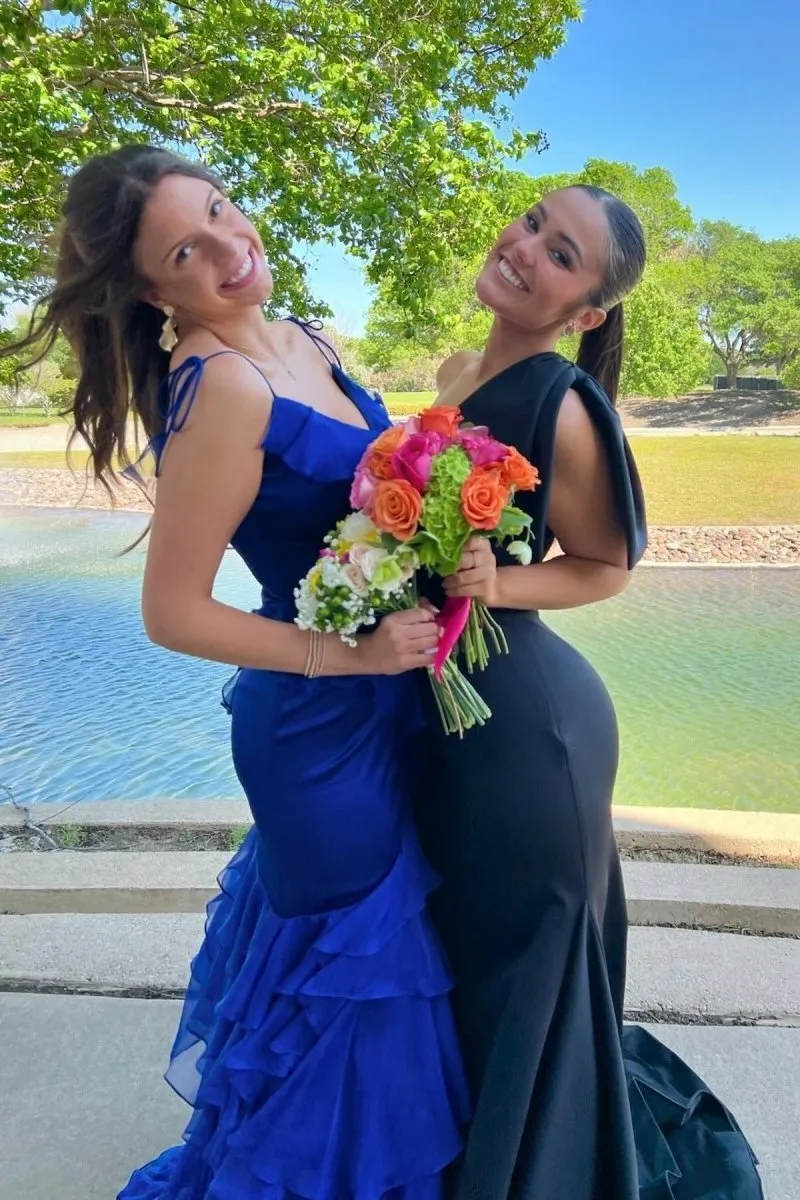Tie Shoulder Mermaid Ruffle Tie Long Prom Dresses with Slit