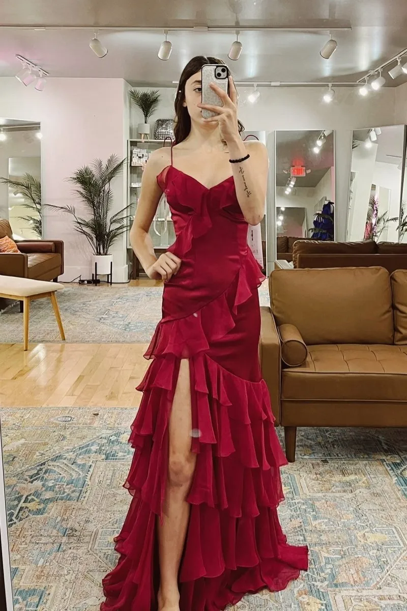 Tie Shoulder Mermaid Ruffle Tie Long Prom Dresses with Slit
