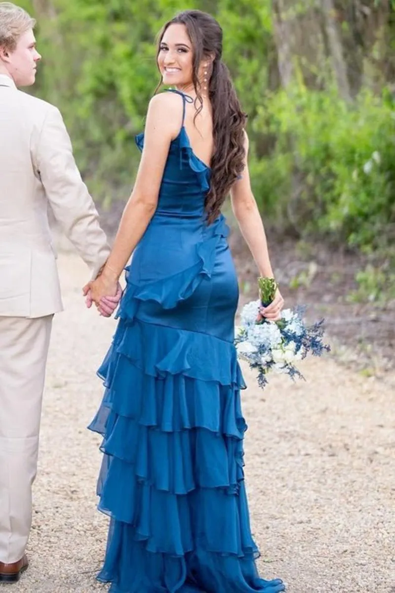 Tie Shoulder Mermaid Ruffle Tie Long Prom Dresses with Slit
