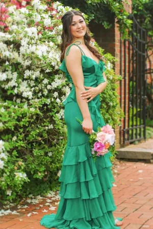 Tie Shoulder Mermaid Ruffle Tie Long Prom Dresses with Slit