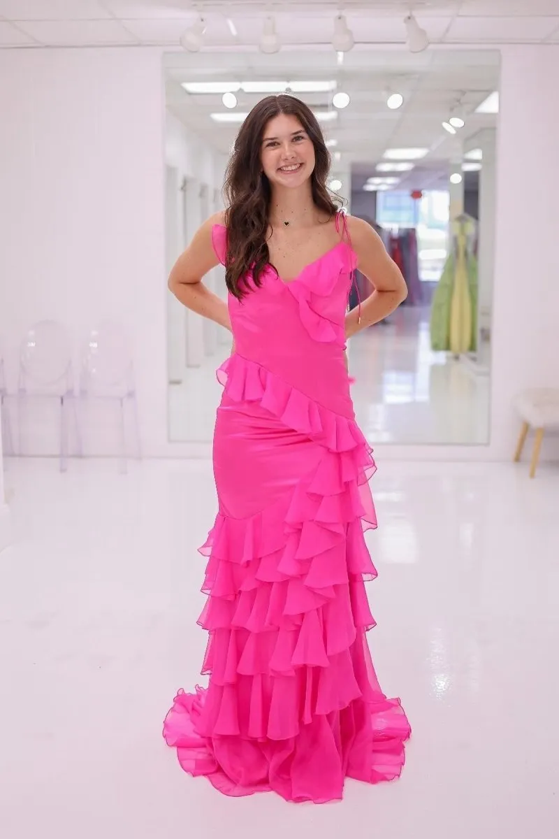 Tie Shoulder Mermaid Ruffle Tie Long Prom Dresses with Slit