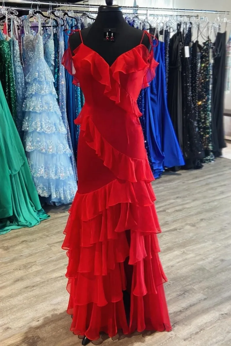 Tie Shoulder Mermaid Ruffle Tie Long Prom Dresses with Slit