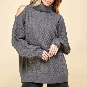 TURTLENECK COLD SHOULDER SWEATER - CLEARANCE